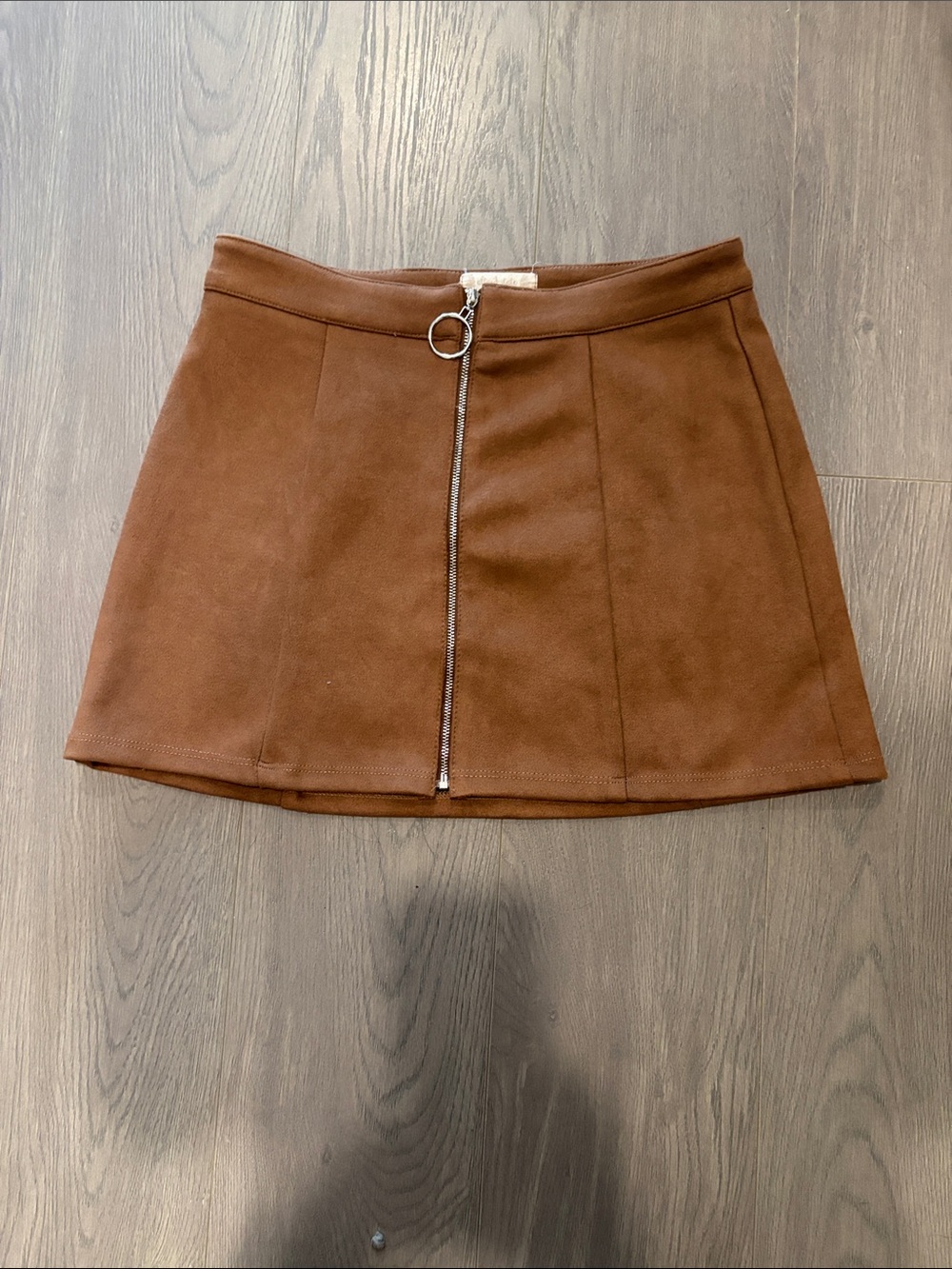 Brown Suede Zip-Front Mini Skirt